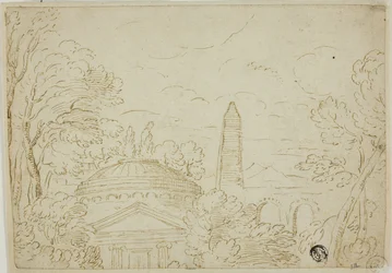Paisagem com templo, obelisco e aqueduto