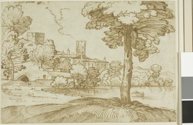 Paisagem com uma grande árvore à direita e uma vista distante de uma cidade à esquerda