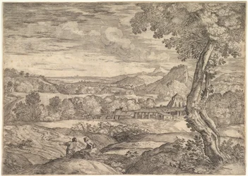 Paisagem com uma fábrica de tijolos ao meio, um homem de pé em primeiro plano p..., 1626-80.