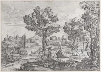 Paisagem com um homem segurando uma cobra para uma criança aterrorizada, observada por um vestido da moda, 1626-80.