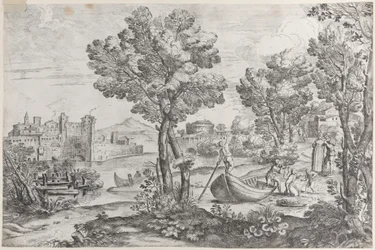 Paisagem com um homem segurando uma cobra para uma criança aterrorizada, observada por um vestido da moda, 1626-80.
