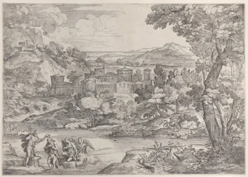 O Batismo de Cristo no canto inferior esquerdo, dentro de uma paisagem, 1626-80., 1626-80.