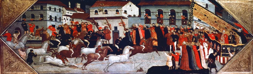 Corrida de cavalos Palio nas ruas de Florença, pintura de Giovanni di Francesco Toscani (ca. 1370-1430), detalhe do painel do cassone (peito), Itália