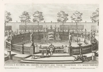 Fonte e lago de peixes nos jardins da Villa Montalto em Roma Fontana e pischiera nel giardino Montalto alle Terme Diocletiane (...) (título no objeto) Le fontane ne palazzi e ne giardini di Roma (título da série) Fontes nos palácios e jardins de Ro