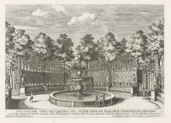 Fontein in de Villa Borghese te Rome
Due fontane simili nel giardino del signor prencipe Borghese (...) (título sobre o objecto)
Le fontane ne palazzi e ne giardini di Roma (título da série)
Fonteinen in de paleizen en tuinen van Rome (título da série)