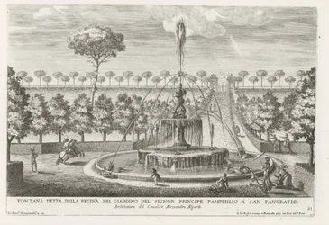 Fontein in de tuinen van Villa Doria Pamphilj te Rome
Fontana detta della regina nel giardino del signor principe Pamphilio a San Pancratio (título sobre o objecto)
Le fontane ne palazzi e ne giardini di Roma (título da série)
Fonteinen in de paleizen e