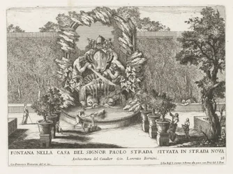 Fonte com um brasão de armas papal, dois tritões e golfinhos
Fontana nella casa del signor Paolo strada situata in strada nova (título sobre o objecto)
Le fontane ne palazzi e ne giardini di Roma (título da série)
Fontes nos palácios e jardins de Roma (