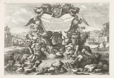 Fonte com dedicatória e brasão de Livio Odescalchi Le fontane ne palazzi e ne giardini di Roma (título da série) Fontes nos Palácios e Jardins de Roma (título da série)
