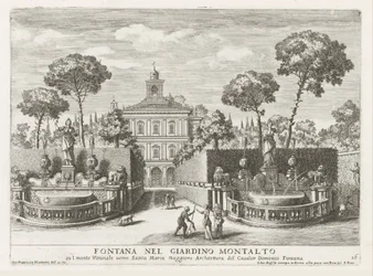 Fontes nos jardins da Villa Montalto Negroni em Roma - Fontana nel giardino Montalto (...) (título no objeto) - Le fontane ne palazzi e ne giardini di Roma (título da série) - Fontes nos palácios e jardins de Roma (título da série)