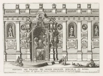 Nymphaeum no pátio do Palazzo Borghese em Roma
Fontana nel palazzo del signor prencipe Borghese in Roma (...) (título sobre o objecto)
Le fontane ne palazzi e ne giardini di Roma (título da série)
Fontes nos palácios e jardins de Roma (série