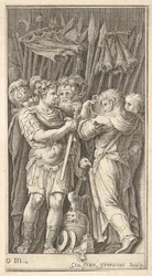 Soldados, um mostrado frontalmente e segurando uma espada, à direita um soldado com sua ba ..., ca. 1650-1700.