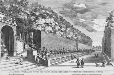 O terraço duplo de cem fontes em Villa d&39;Este, Tivoli, de &39;Le Fontane&39; por Giovanni Battista Falda (c.1648-78), publicado antes de 1689