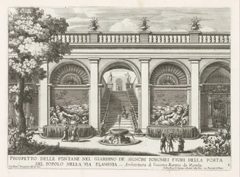 Tuin van een paleis te Rome
Prospetto delle fontane nel giardino de signori Boromei (...) (título sobre o objecto)
Le fontane ne palazzi e ne giardini di Roma (título da série)
Fonteinen in de paleizen en tuinen van Rome (título da série)