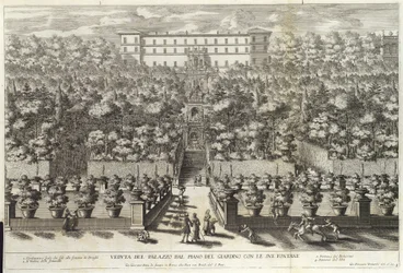 Vista do palácio do plano do jardim com suas fontes, de La Fontane, bar. c 1691
