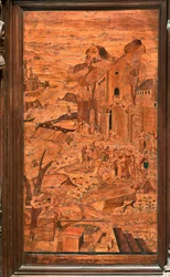 Génova, Duomo (Catedral de São Lourenço), interior, abside, coro, lado norte: "Moisés resgatado das águas", intarsia de madeira de Giovanni Francesco Zambelli (século XVI)