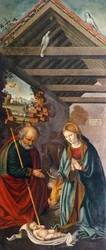 Adoração do Menino, painel central do Tríptico representando a Natividade com os Santos Francisco e Bartolomeu com dois doadores