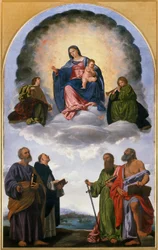 Madonna em Glória com o Menino Jesus, Músicos dos Dois Anjos, São Pedro, São Domingos, São Paulo e São Jerônimo (Retábulo Pesaro)