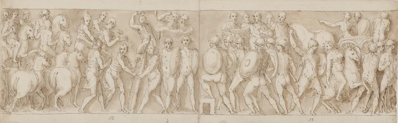 Fim de uma marcha do imperador com seus legionários e guardas (final do XCIII); os romanos construindo um acampamento (início de XCIV); os romanos em marcha com o imperador (XXXV / XXXVI)