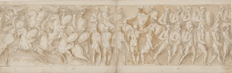 cavalaria romana (LXV); uma cabeça decepada (interpretada como prisioneiro por Guerra) e um prisioneiro alemão são levados perante o imperador (LXVI); Romanos avançando (LXVII)