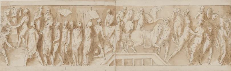 Soldados romanos construindo um acampamento (final de LXXXII); um endereço (LXXXIII); Romanos atravessando um rio em uma ponte flutuante (LXXXIV); mulheres são feitas prisioneiras (início de LXXXV)
