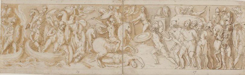 Soldados romanos cruzando um rio em barcos (em grande parte restauração; XXXIV)2; um soldado romano combatente (a partir do final do XXIV); Guardas romanos trazendo prisioneiros bárbaros perante o imperador (omitido no desenho; final do XXV); início de uma