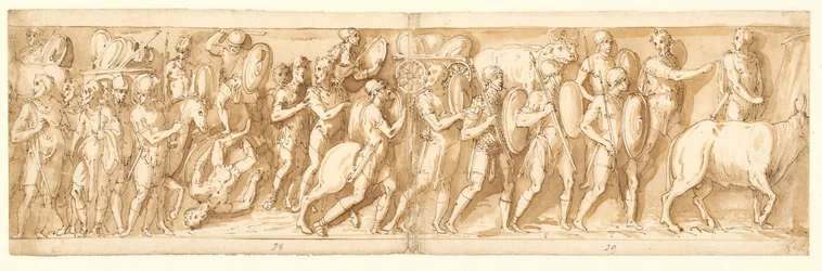 Romanos em marcha (XXXVI); Marco Aurélio, Pompeu e um assistente assistem à marcha (XXXVII); uma parada na marcha (XXXVIII)