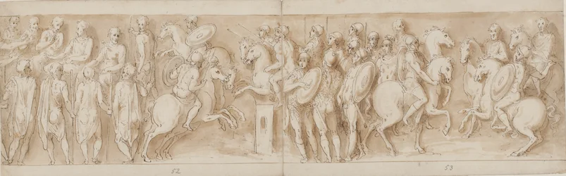 Sármatas antes do concílio imperial (final da LXII, início da LXIII); cercado por guardas, Marco Aurélio e Pompeu a cavalo assistem a uma escaramuça (XC); Nobres alemães trazendo uma mensagem (até meados de XCI)