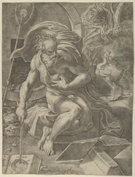 Diógenes sentado com seu barril atrás dele, e lendo um livro segurando um bastão..., ca. 1526-27.