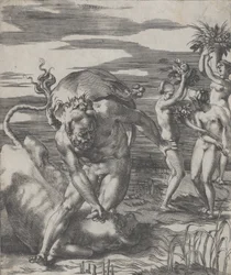 Hércules derrotando o deus do rio Aqueloo na forma de um touro, com três mulheres t..., ca. 1526-27.
