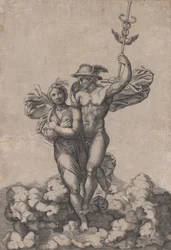 Mercúrio carregando Psique para o Olimpo, após a composição de Rafael na Villa Farnes..., ca. 1520-39.