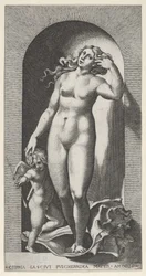 Gravura 10: Vênus em um nicho, de pé sobre uma concha, com Cupido à sua direita, de um ser..., 1526.