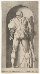 Ilustração 15: Hércules em pé em um nicho, vestindo uma pele de leão e segurando um porrete, visto de ..., 1526.