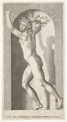 Ilustração 16: Hebe em um nicho com as mãos no ar, correndo para a esquerda enquanto olha para ..., 1526.