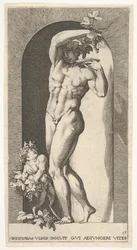 Ilustração 17: Baco em pé em um nicho, segurando uvas sobre um prato, acompanhado de uma infa ..., 1526.