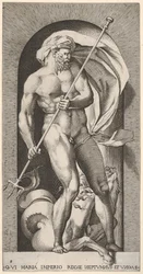 Gravura 5: Netuno em pé em um nicho segurando um tridente, com um cavalo-marinho hipocampo beh..., 1526.
