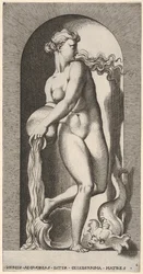 Ilustração 6: Thetis de pé em um nicho com uma concha e criatura marinha, derramando água de um ..., 1526.