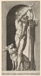 Ilustração 7: Plutão em um nicho, segurando um bidente, com Cerberus ao lado dele, de uma série de m ..., 1526.