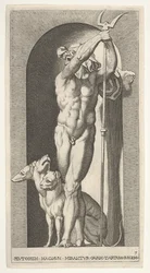 Ilustração 7: Plutão em um nicho, segurando um bidente, com Cerberus ao lado dele, de uma série de m ..., 1526.