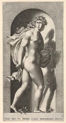 Ilustração 8: Prosperpina, de pé em um nicho, virando para a direita enquanto segura o manto em bo ..., 1526.