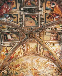 Detalhe da abóbada de presbitério representando a Crucificação, de Giovanni Lanfranco (1582-1647), e cenas do Antigo e Novo Testamento, de Giovanni Bernardino Azzolino (1572-1645), Certosa de San Martino, Nápoles, Campânia, Itália