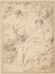 Menino e uma menina com flauta e ovelhas