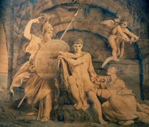 Hércules na encruzilhada entre a vaidade e a fama, marcenaria incrustada de Giovanni Maffezzoli (1779-1818) de design do pintor Giuseppe Diotti, Itália