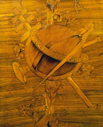 Instrumentos de medição, parte central do embutido no armário de canto com uma única grande porta, de Giovanni Maffezzoli (1779-1818), aluno de Giuseppe Maggiolini, assinado e datado de 1798, Itália