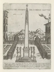 Obelisco em de tuin van Ciriaco Mattei
Obelisco no jardim de Ciriaco Mattei (título sobre o objecto)
Moderne en antieke monumenten en bouwwerken in Rome (título da série)
Ornamenti di fabriche antichi et moderni dell