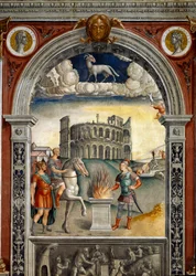 Signo do Zodíaco: "O campanário" Nos medalhões superiores com retratos de Júlio César e Augusto. Em baixo, a legenda associada ao nascimento da constelação correspondente ao signo: Caius Mucius Scaevola, introduzido no campo inimigo do ki etrusco.