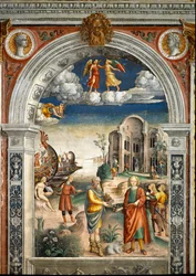 Signo do zodíaco: "As gemas" Abaixo, legenda associada ao nascimento da constelação correspondente ao signo: dois homens trocam uma alcachofra e flores. Uma mulher beija um pássaro, os homens ao fundo, vem o deus Netuno. Os medalhões superiores com por