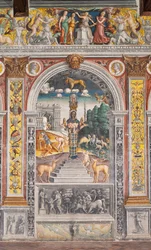 O signo astrológico de Leão com Diana, dois veados e um sátiro como em um sarcófago no Palácio de Bleinhaim; ao fundo o Arco degli Argentari em Roma e Hércules lutando contra o leão da Nemeia, Câmara do Zodíaco (Camera dello Zodiaco)