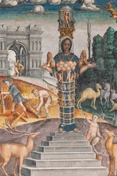 O signo astrológico de Leão com Diana, dois veados e um sátiro como num sarcófago no Palácio Bleinhaim; no fundo o Arco degli Argentari em Roma e Hércules lutando contra o leão Nemean, Câmara do Zodíaco (Camera dello Zodiaco), detalhe