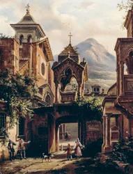 Exterior da antiga abadia com pessoas, por Giovanni Migliara (1785-1837) (assinado Teodolinda Migliara), óleo a bordo