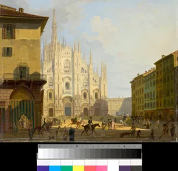 Vista da Piazza Duomo em Milão, Itália (Praça da Catedral em Milão) Pintura de Giovanni Migliara (1785-1837) 1828 Coleção particular